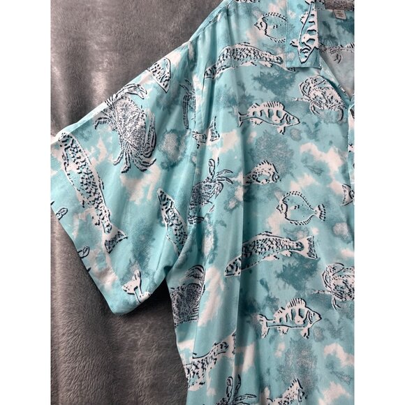 Mens Vintage Button-Up Hawaiian Themed Shirt With Crab & Fish Print Beach Shirt - Picture 2 of 8